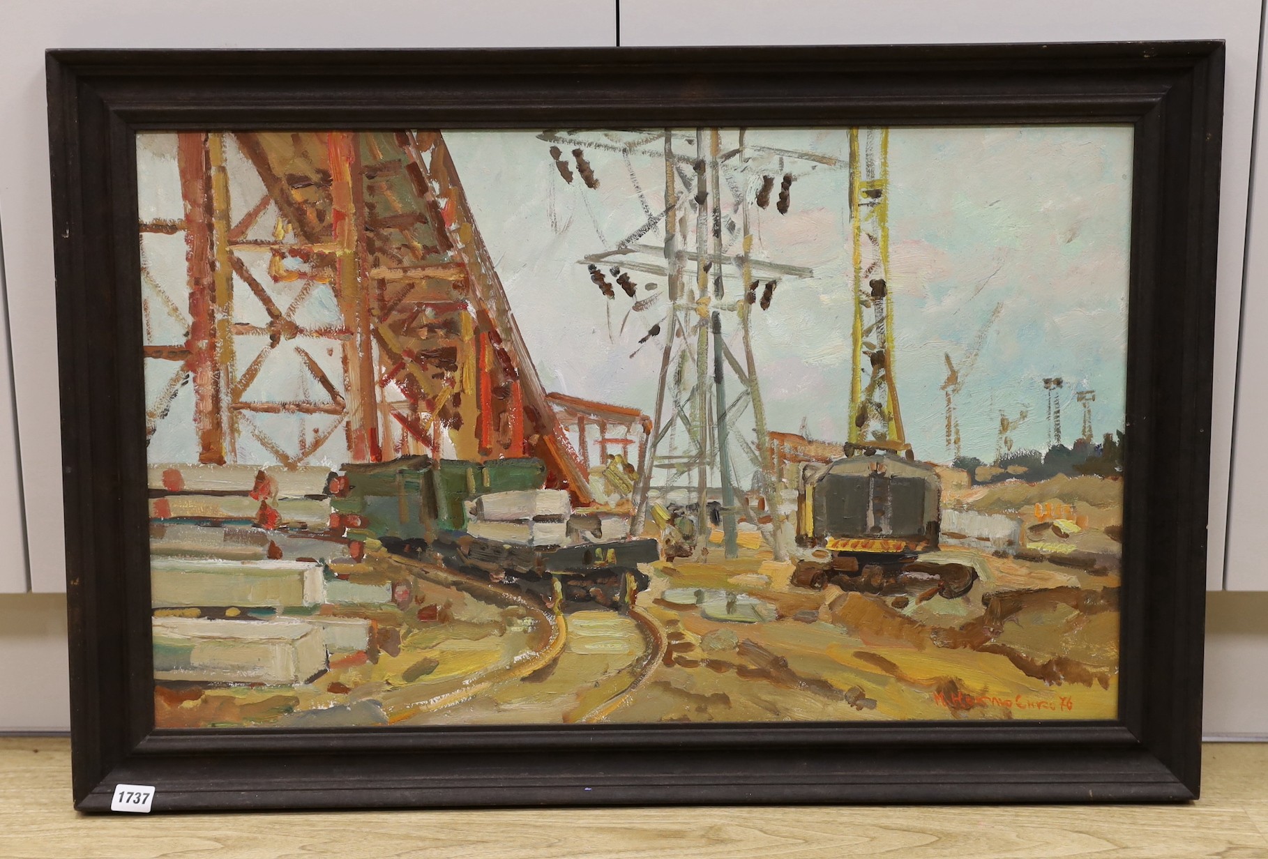 Nilkolai Pavlovich Neklyenko (Ukranian b.1929), oil on board, Construction Site, signed and dated ‘76, 48 x 78cm